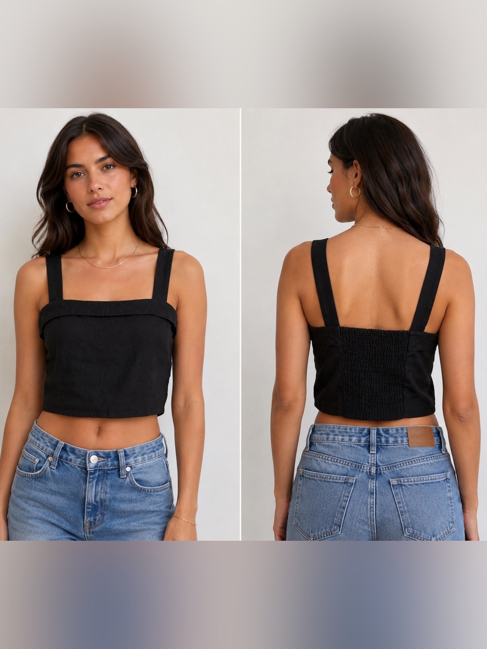 American Eagle Black Square Neck Cropped Linen Tank Top M Medium